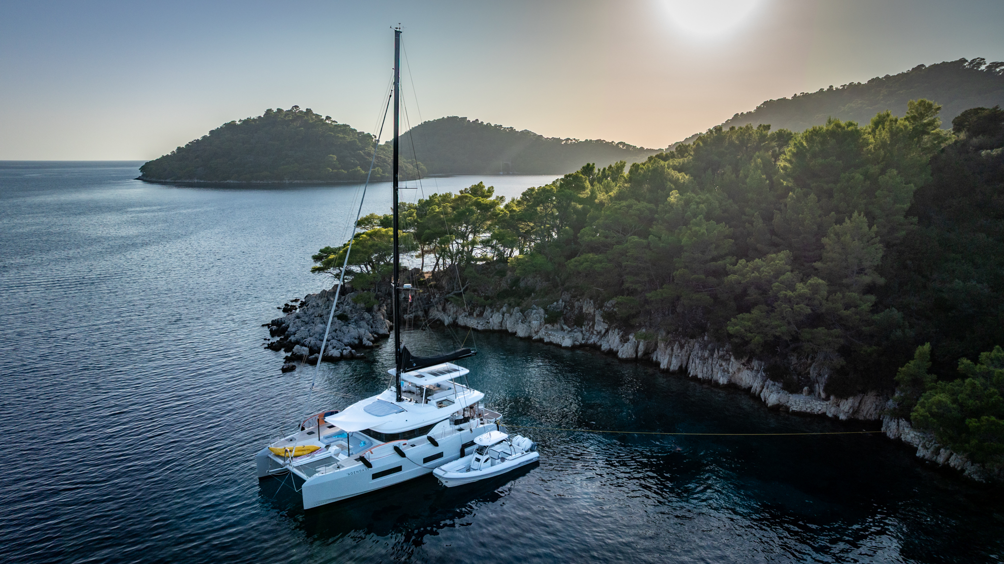 Agenda 55 catamaran anchored in a secluded Croatian cove